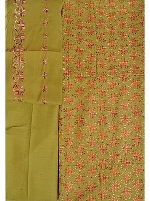 Olive-Green Salwar Kameez Fabric From Punjab with Phulkari-Embroidered Flowers