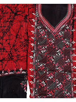 Maroon and Black Batik Salwar Kameez Fabric from Kolkata Kantha Hand-Embroidery