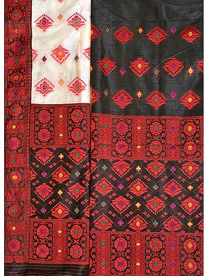 Black and Cream Salwar Kameez Fabric from Assam with Woven Bootis