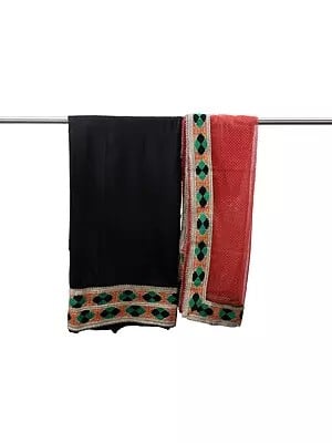 Black and Red Phulkari Salwar Kameez Fabric from Punjab with Patch Border and Net Dupatta