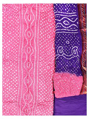 Hot-Pink Bandhani Tie-Dye Salwar Kameez Fabric from Gujarat with Woven Border