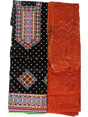 Bandhani Tie-Dyed Salwar Kameez Fabric with Floral Patchwork and Mirrors
