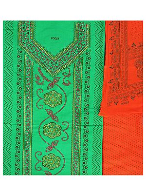 Jelly-Bean Printed Salwar Kameez Fabric with Kantha Hand-Embroidery and Beads