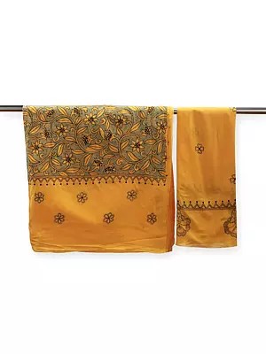Apricot Salwar Kameez Fabric from Kolkata with Kantha Hand-Embroidery