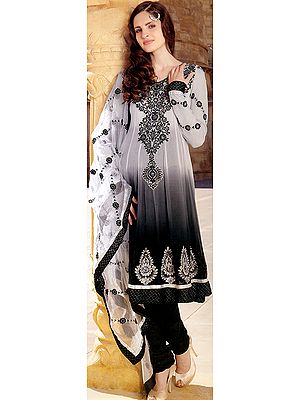 Smoke Gray Shaded Choodidaar Suit with Metallic Thread Embroidery,Sequins and Gota Border