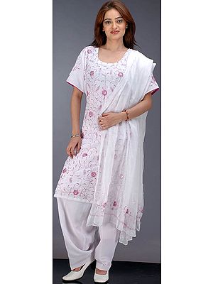 Snowy White Suit with Floral Embroidery