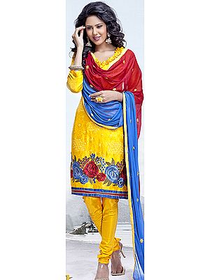 Spectra-Yellow Choodidaar Kameez Suit with Large Embroidered Flowers and Self-Weave