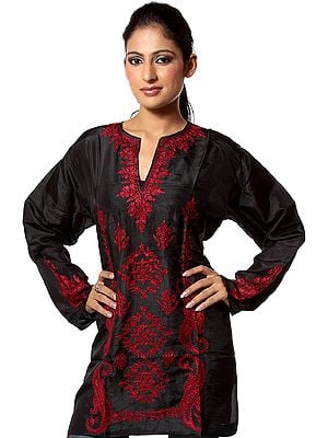 Black Kashmiri Kurti Top with Aari Embroidery in Red