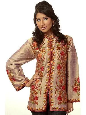 Khaki Jacket from Kashmir with Crewel Embroidered Chinar Leaves by Hand