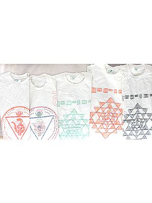 Lot of White T-Shirts with Embroidered Hindu Symbols (Including the Shri Yantra)