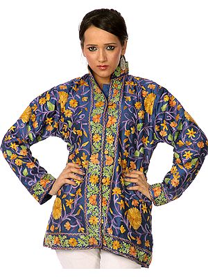 Navy-Blue Kashmiri Jacket with Embroidered Flowers