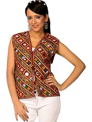 Multi-Color Embroidered Waistcoat from Kutch with Large Mirrors