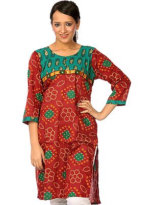 Burgundy and Green Bandhej Printed Kurti from Gujarat with Mirrors