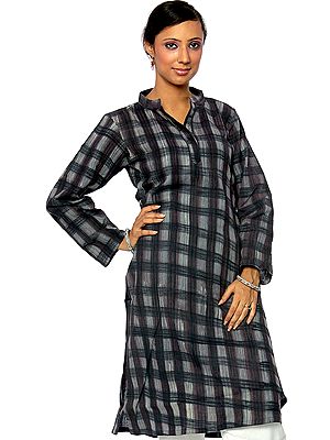 Gray Long Kurti with Printed Checks