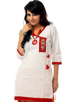 White and Red Angarakha Kurti with Mirrors