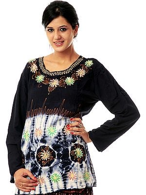 Midnight-Blue Batik Printed Kurti with Threadwork