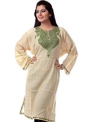 Beige Kashmiri Phiran with Hand-Embroidery on Neck