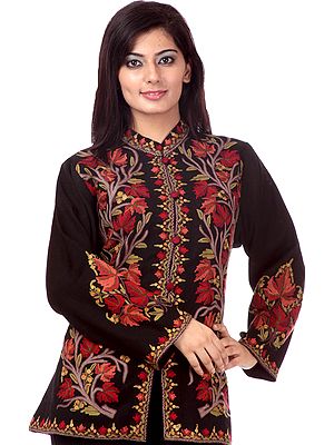 Black Kashmiri Jacket with Hand-Embroidered Tree of Life