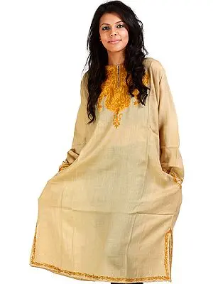 Khaki Kashmiri Phiran with Hand-Embroidery on Neck