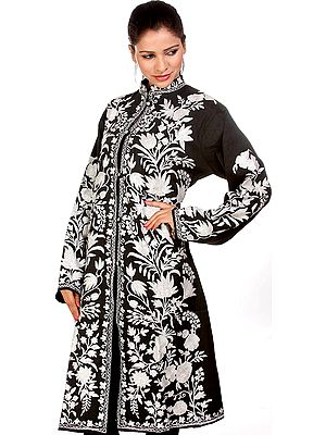 Black Long Kashmiri Jacket with Aari Embroidery in White Thread