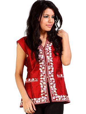 Crimson Waistcoat with Aari Embroidery on Button Palette