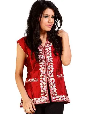 Crimson Waistcoat with Aari Embroidery on Button Palette