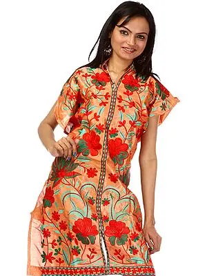 Ochre Phulkari Kurti from Punjab with Crewel Embroidery