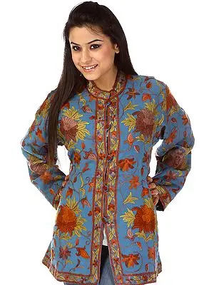 Riviera-Blue Kashmiri Tusha Jacket with Aari Embroidery by Hand