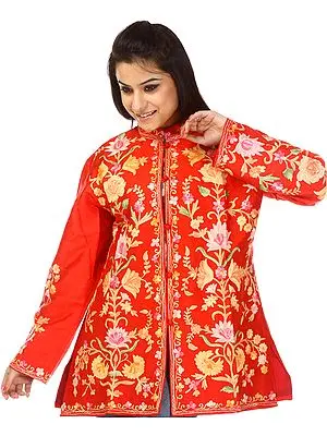 Scarlet Kashmiri Jacket with All-Over Embroidered Flowers