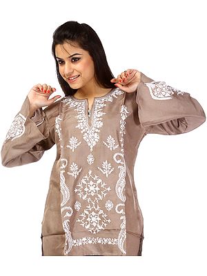 Stucco-Brown Kashmiri Kurti with Embroidery in White Thread