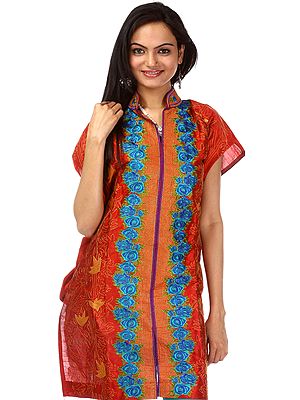Red Punjabi Phulkari Kurti with Crewel Embroidered Flowers