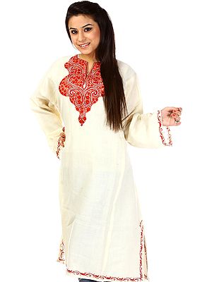 Ivory Kashmiri Phiran with Aari Embroidery on Neck