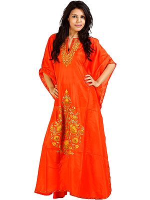 Scarlet Kashmiri Kaftan with Hand-Embroidered Tree of Life