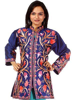 Navy-Blue Jacket from Kashmir with Aari Embroidered Flowers