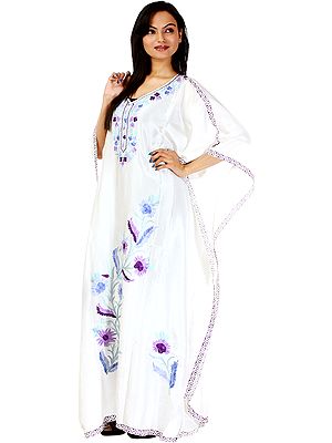 Ivory Kashmiri Kaftan with Embroidered Flowers