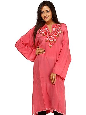Rose-Pink Kashmiri Phiran with Aari Embroidered Flowers