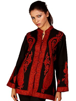 Black Kashmiri Jacket with Large Hand-Embroidered Paisleys