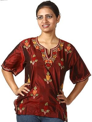 Wine-Red Kashmiri Kurti with Aari Embroidered Flowers