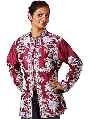 Rose-Wine Kashmiri Jacket With Aari Embroidered Flowers