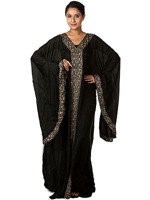 Moonless-Night Kaftan from Kashmir with Embroidered Flowers and Paisleys
