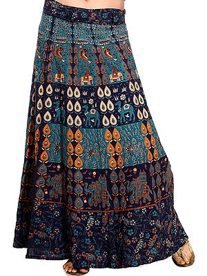 Navy-Blue Wrap-Around Long Skirt with Printed Elephants