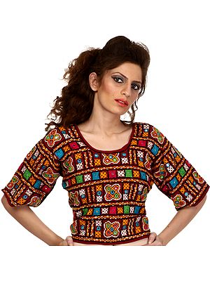 Garnet-Red Backless Choli from Kutch with Antiquated Rabari Embroidery and Mirrors