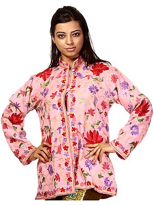 Bridal-Rose Kashmiri Jacket with Crewel Embroidered Flowers