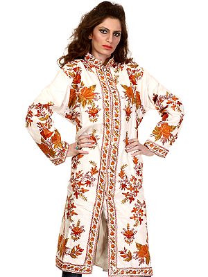 Ivory Long Kashmiri Jacket with Aari Embroidered Flowers