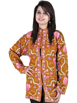 Caramel-Brown Kashmiri Jacket with Aari Embroidered Flowers All-Over