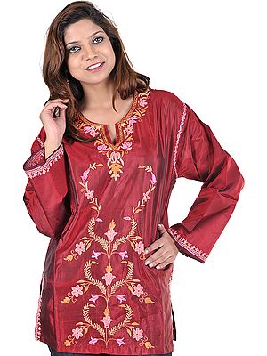 Wine-Red  Kashmiri Kurti with Hand Embroidered Flowers