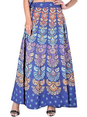 Vivid-Blue Wrap-Around Long Skirt with Printed Floral Motiffs