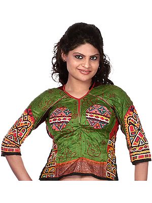 Antique-Green Backless Choli from Kutch with Antiquated Rabari Embroidery