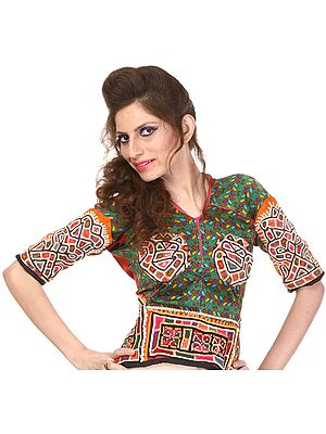 Fairway-Green Backless Choli from Kutch with Antiquated Rabari Embroidery and Mirrors