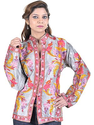Smoke-Gray Kashmiri Jacket with Hand Embroidered Flowers